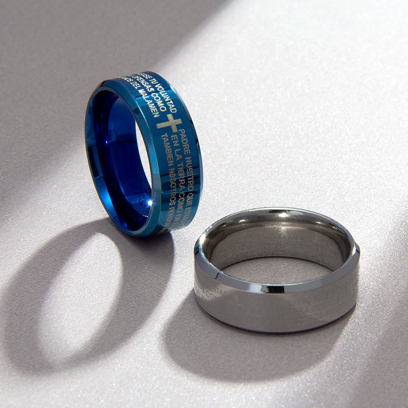 Anillo Tricolor de 8 mm con Versículo Santo y Motivo de Cruz Estilo Minimalista