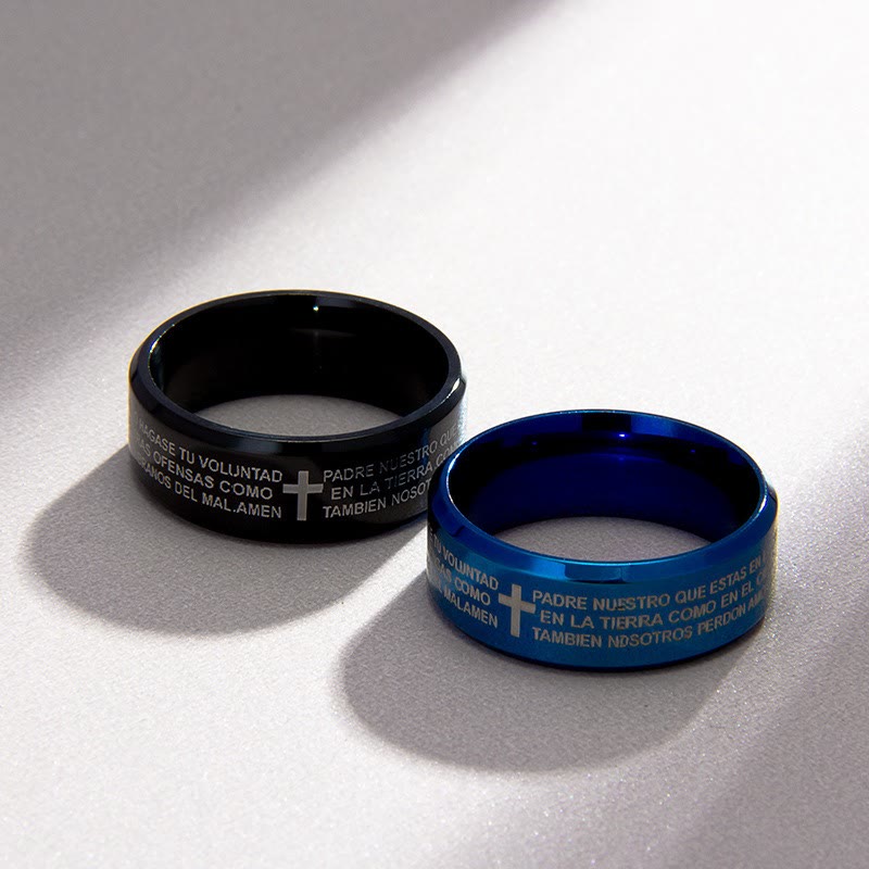 Anillo Tricolor de 8 mm con Versículo Santo y Motivo de Cruz Estilo Minimalista