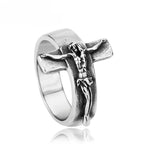 Anillo de Acero Inoxidable con Crucifijo en Relieve Vintage: Fuerza a través del Sacrificio Sagrado