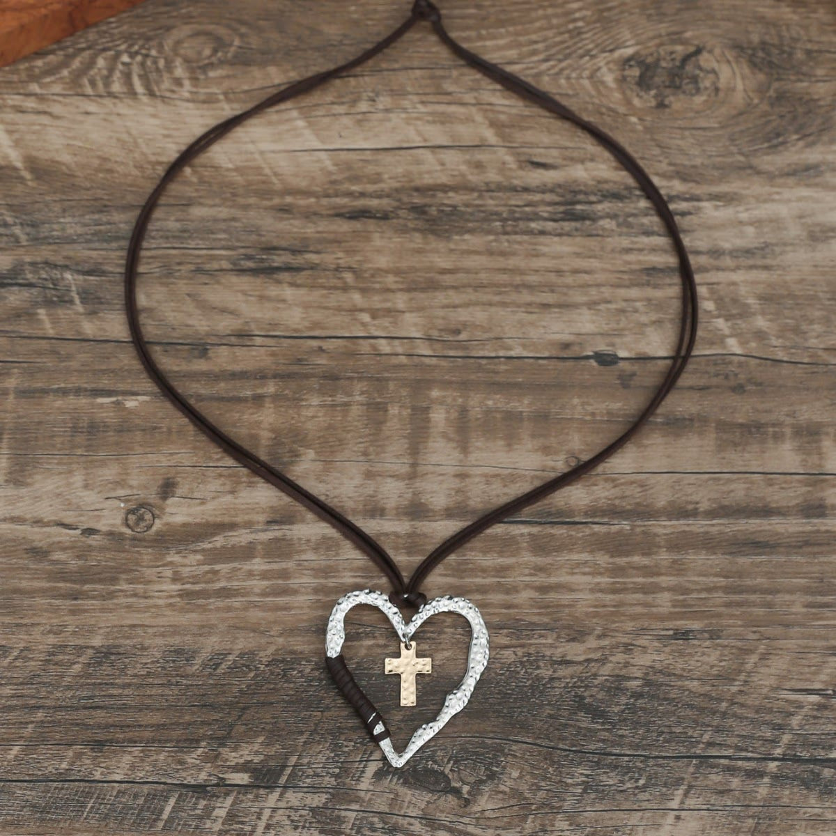 Bohemian Textured Heart Frame Necklace with Cross Charm and Leather