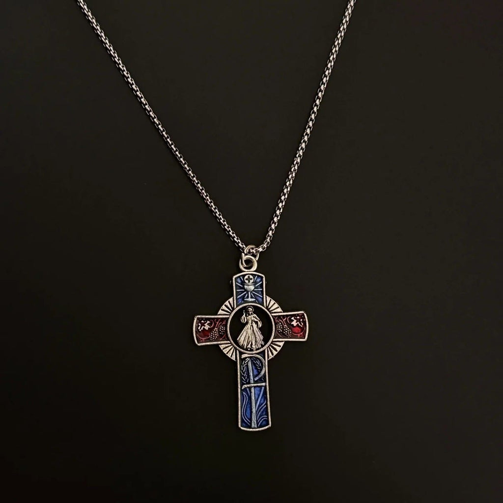 Collar Clásico de Cruz con Retrato de la Divina Misericordia en Rojo y Azul