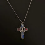 Collar Clásico de Cruz con Retrato de la Divina Misericordia en Rojo y Azul