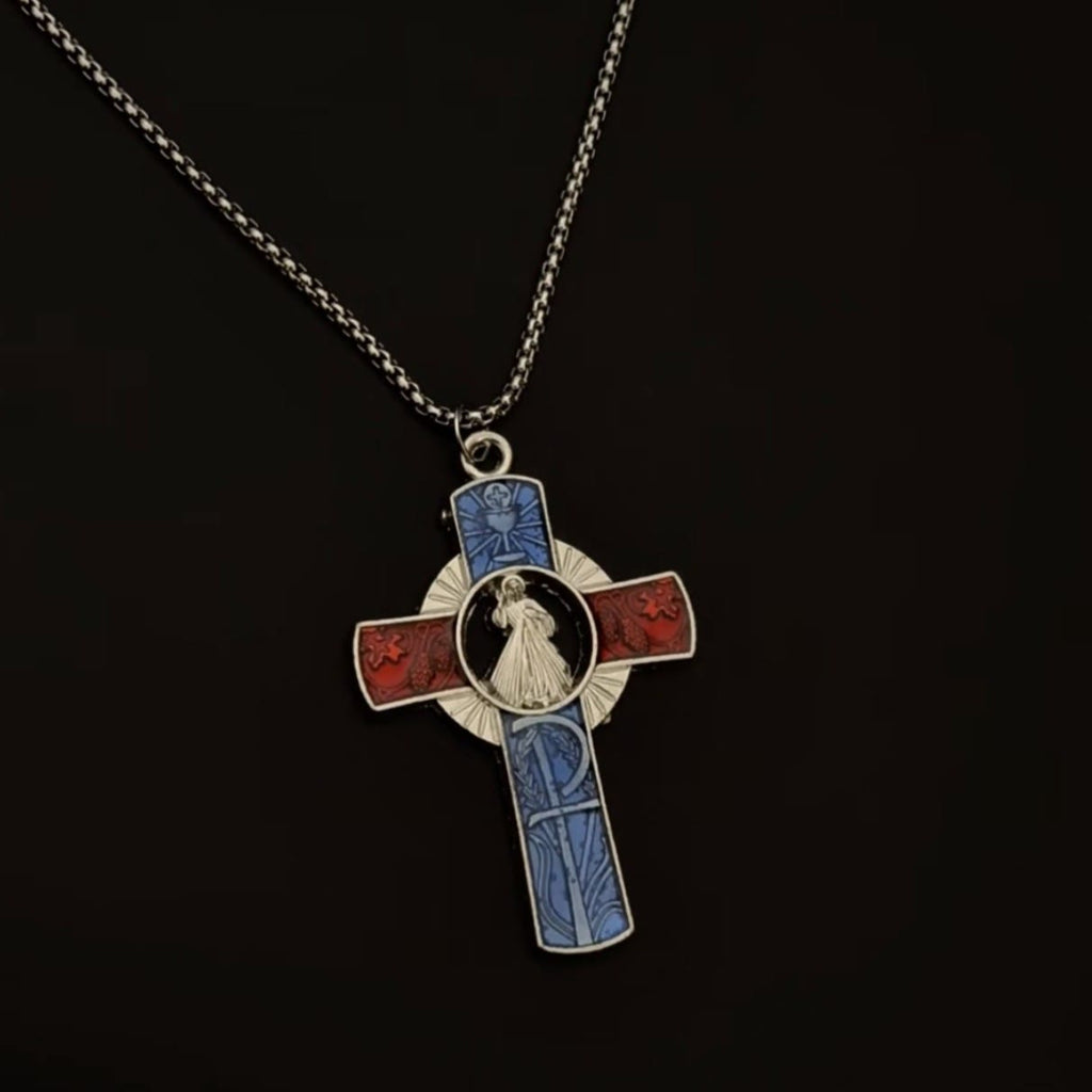 Collar Clásico de Cruz con Retrato de la Divina Misericordia en Rojo y Azul