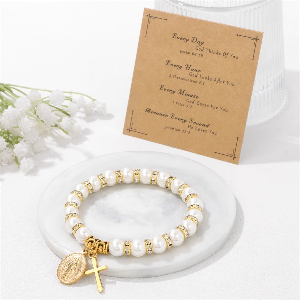 FE EN ORACIÓN: Pulsera Blanca Elegante con Medalla Milagrosa y Tarjeta de Versículo