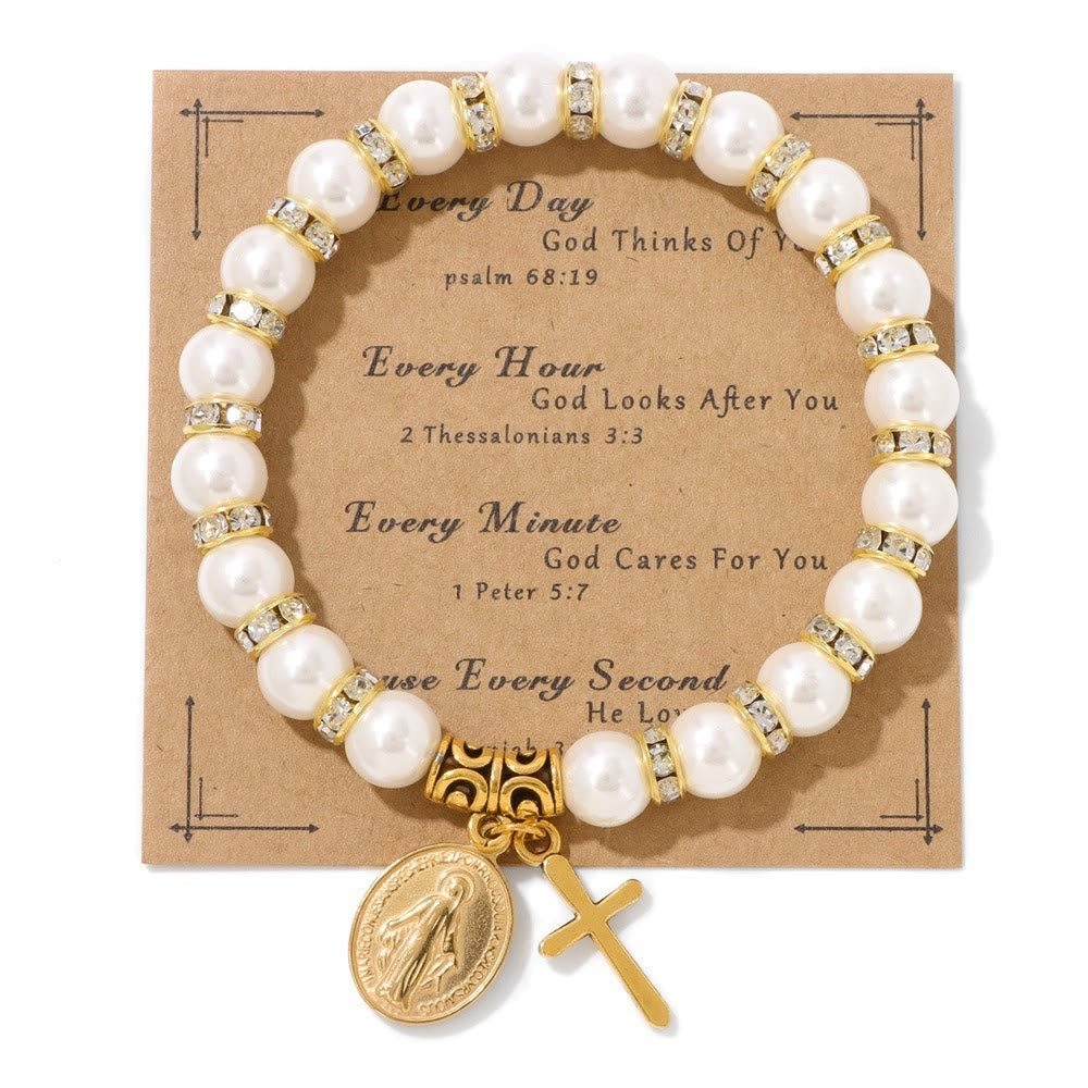 FE EN ORACIÓN: Pulsera Blanca Elegante con Medalla Milagrosa y Tarjeta de Versículo