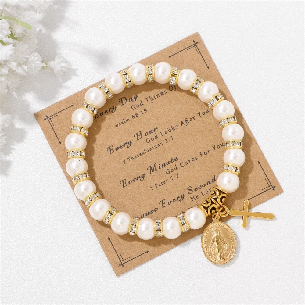 FE EN ORACIÓN: Pulsera Blanca Elegante con Medalla Milagrosa y Tarjeta de Versículo