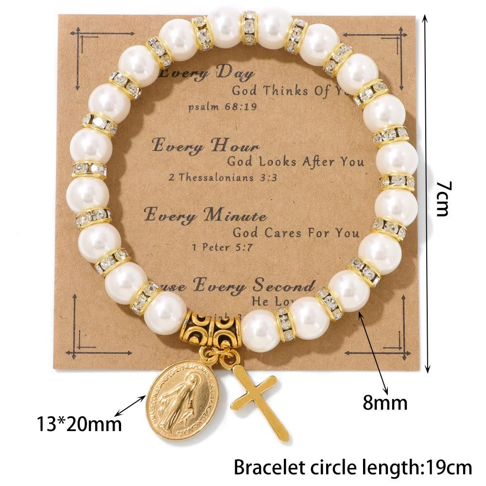 FE EN ORACIÓN: Pulsera Blanca Elegante con Medalla Milagrosa y Tarjeta de Versículo