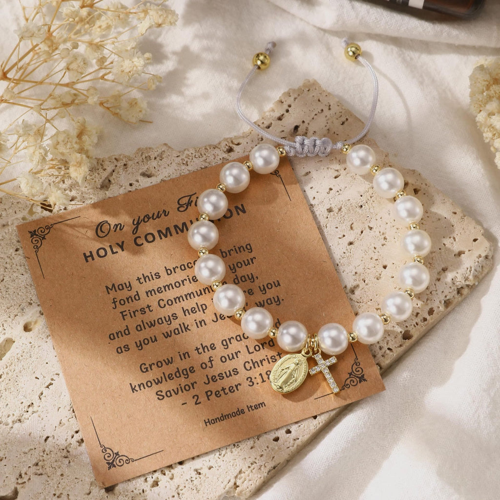 FE EN ORACIÓN: Pulsera Blanca Elegante con Medalla Milagrosa y Tarjeta de Versículo
