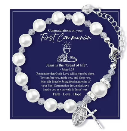 FE EN ORACIÓN: Pulsera de Regalo de Primera Comunión con Cruz y Tarjeta de Bendición