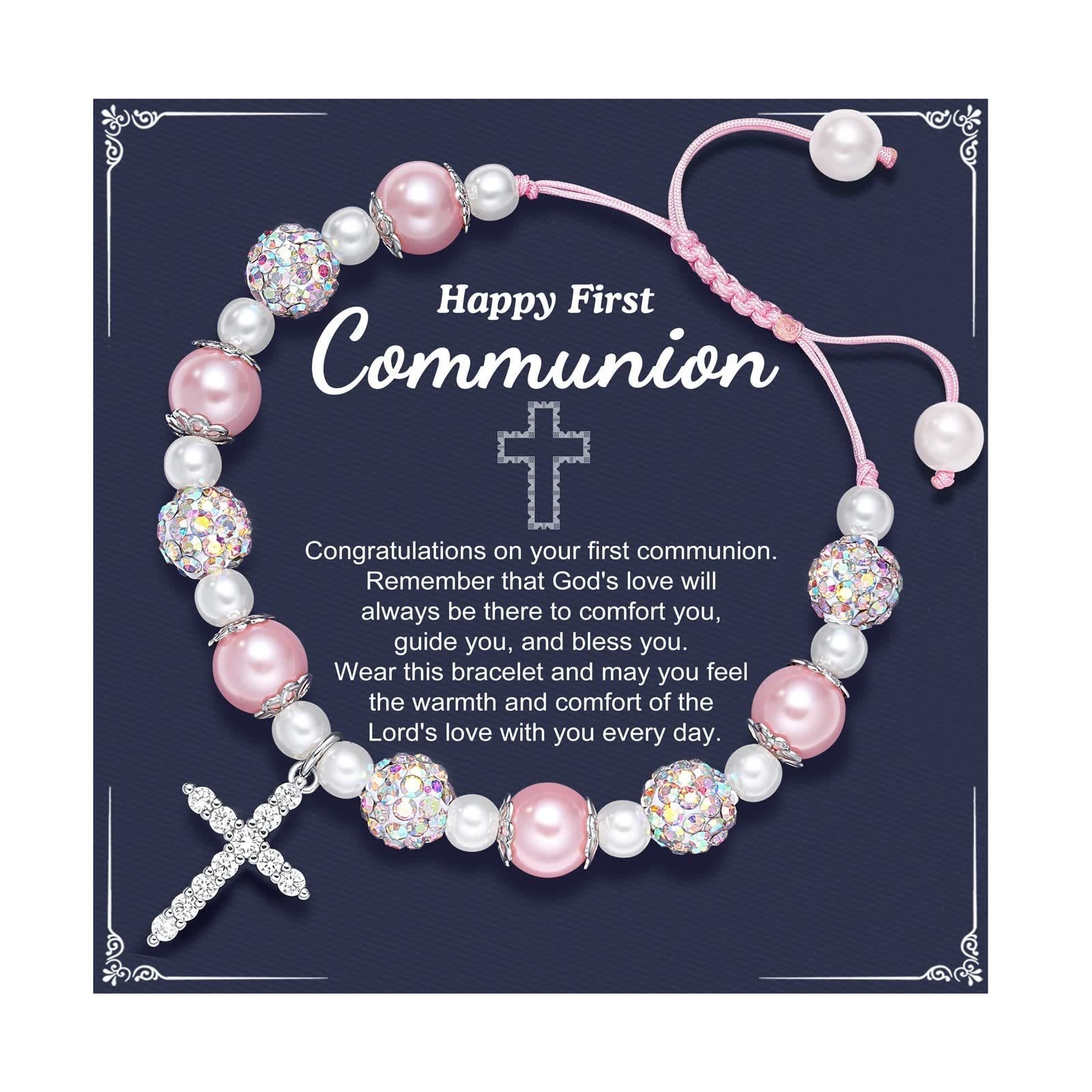 FE EN ORACIÓN: Pulsera de Regalo de Primera Comunión con Cruz y Tarjeta de Bendición