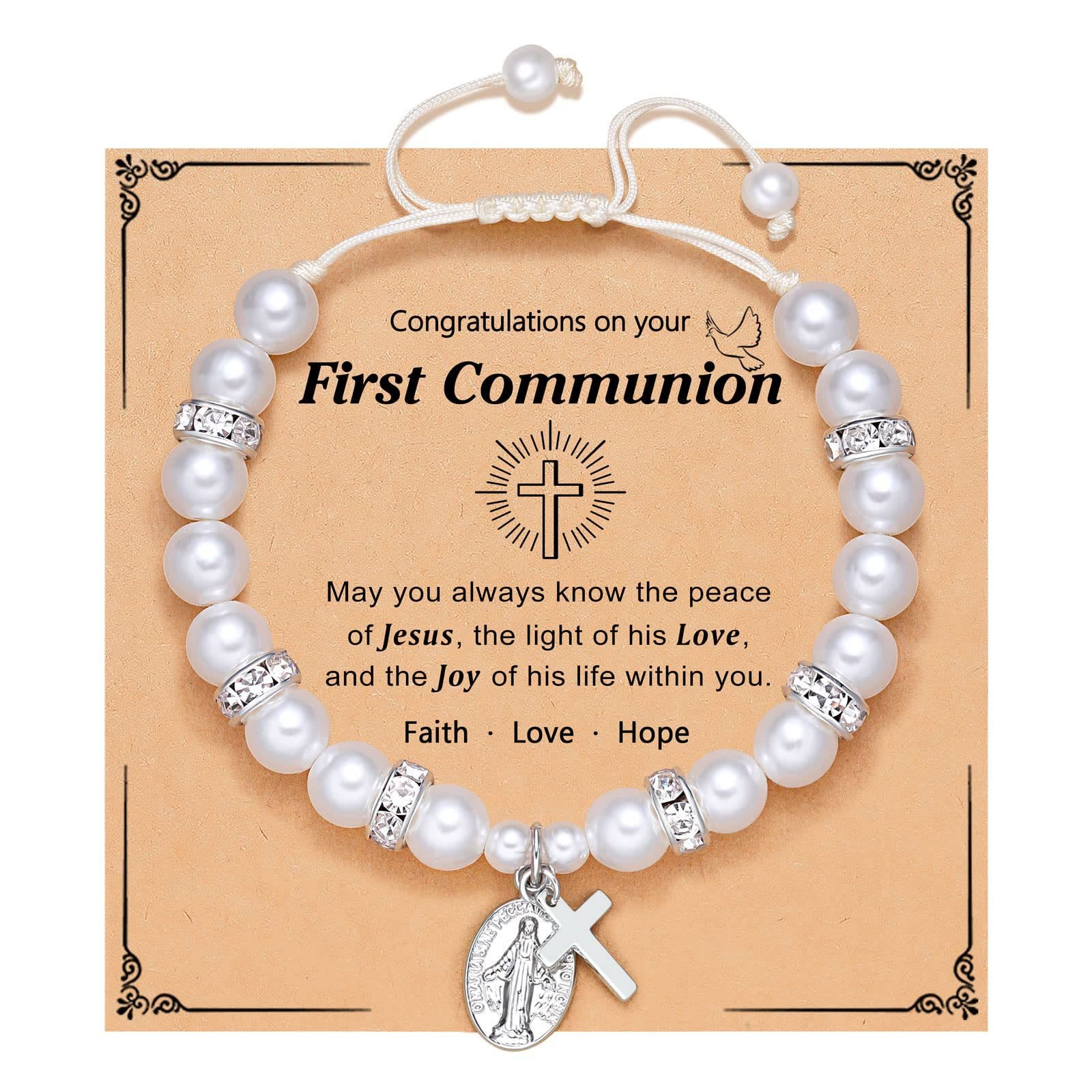 FE EN ORACIÓN: Pulsera de Regalo de Primera Comunión con Cruz y Tarjeta de Bendición