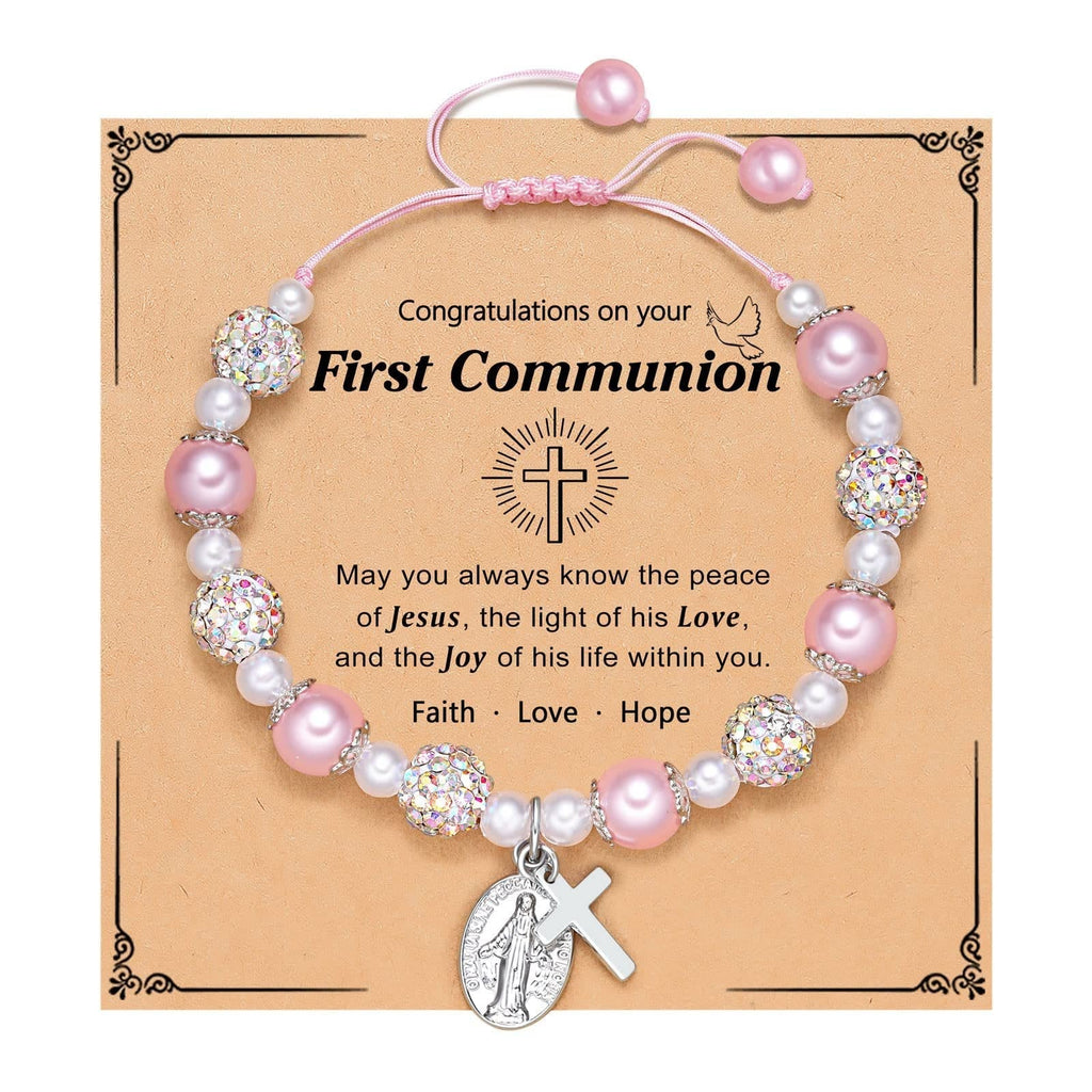 FE EN ORACIÓN: Pulsera de Regalo de Primera Comunión con Cruz y Tarjeta de Bendición