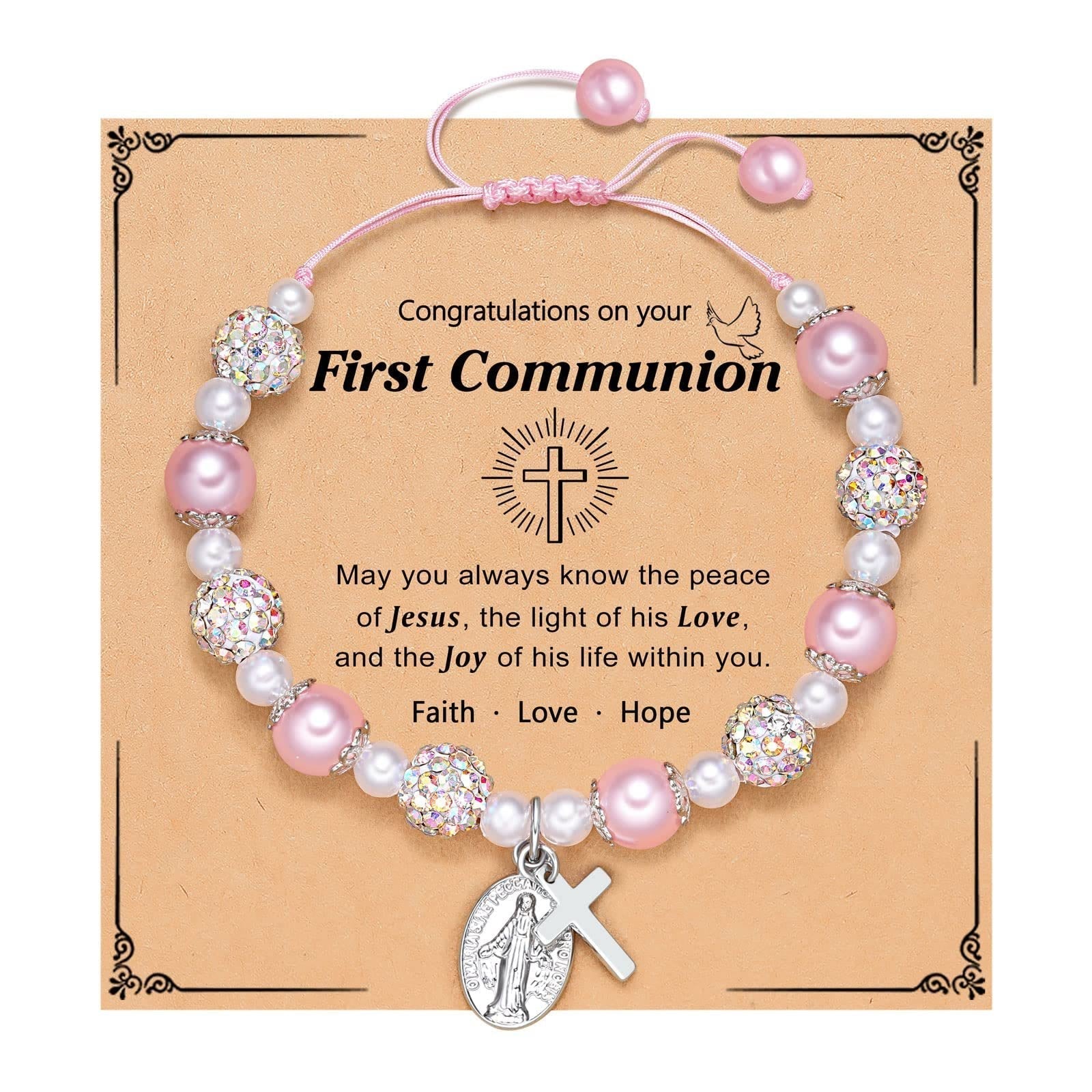 FE EN ORACIÓN: Pulsera de Regalo de Primera Comunión con Cruz y Tarjeta de Bendición