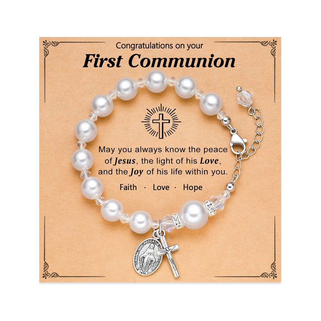 FE EN ORACIÓN: Pulsera de Regalo de Primera Comunión con Cruz y Tarjeta de Bendición