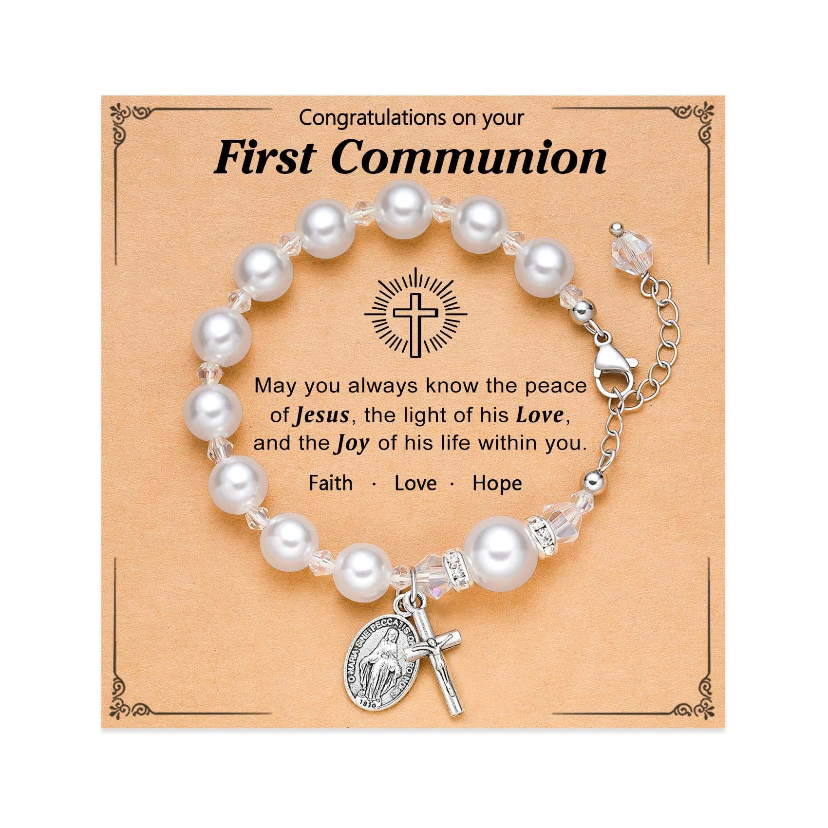 FE EN ORACIÓN: Pulsera de Regalo de Primera Comunión con Cruz y Tarjeta de Bendición