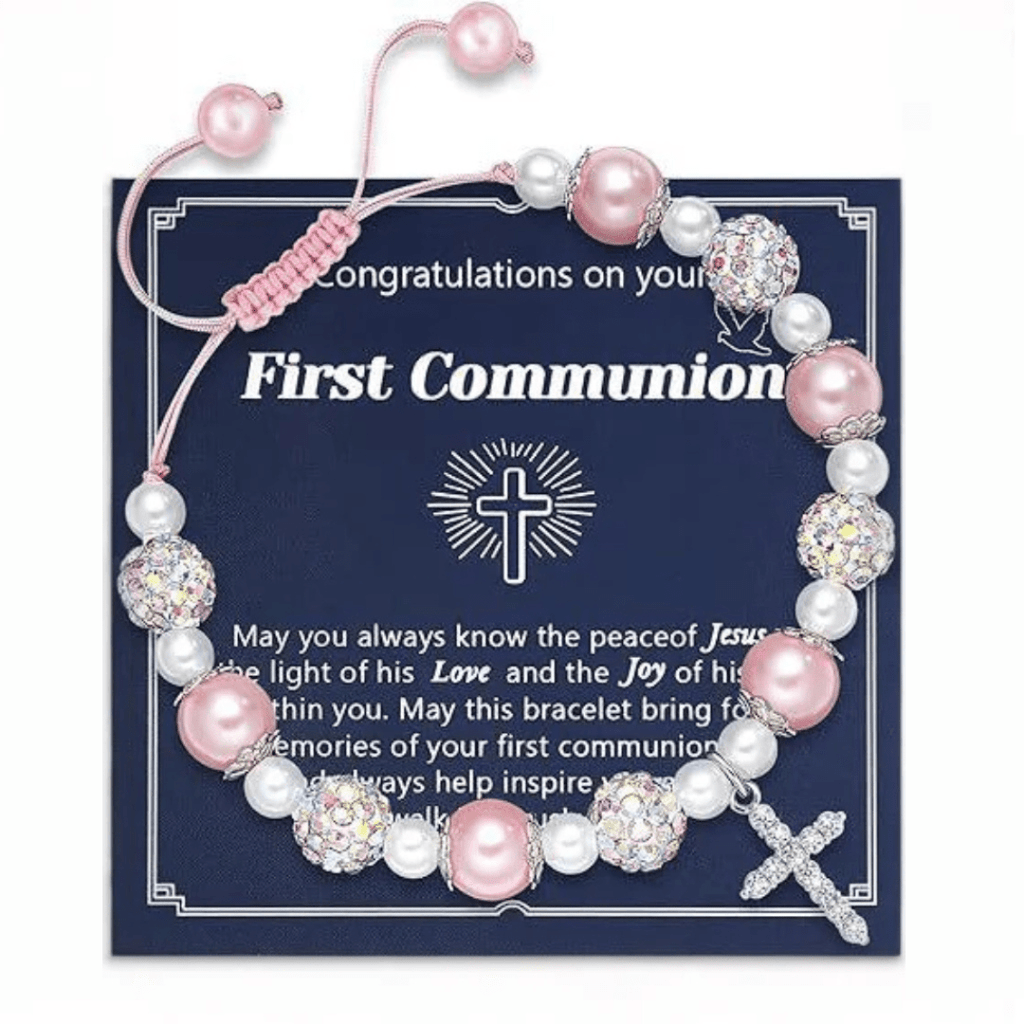 FE EN ORACIÓN: Pulsera de Regalo de Primera Comunión con Cruz y Tarjeta de Bendición