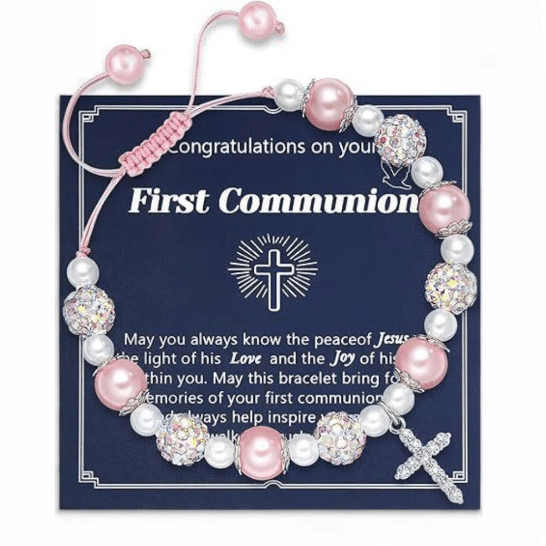 FE EN ORACIÓN: Pulsera de Regalo de Primera Comunión con Cruz y Tarjeta de Bendición