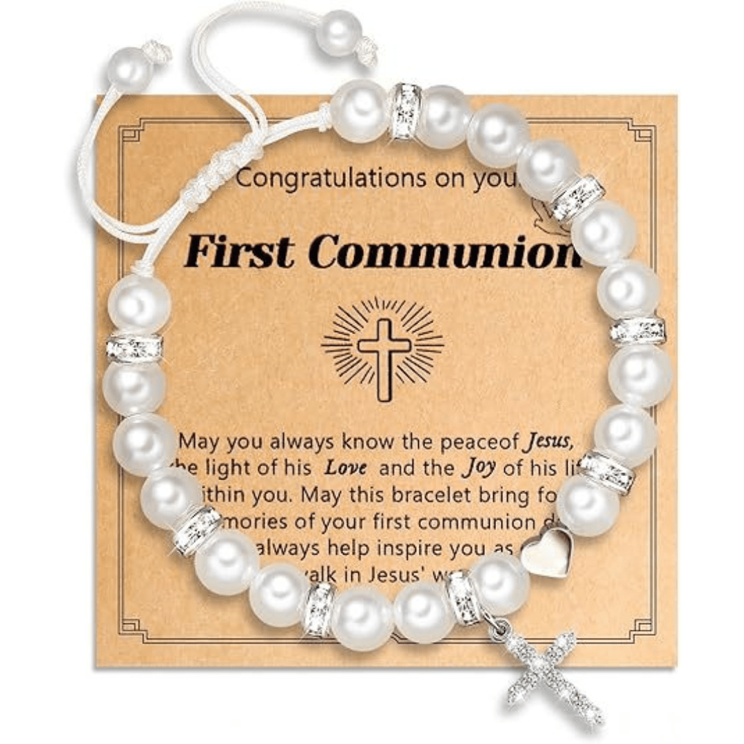 FE EN ORACIÓN: Pulsera de Regalo de Primera Comunión con Cruz y Tarjeta de Bendición