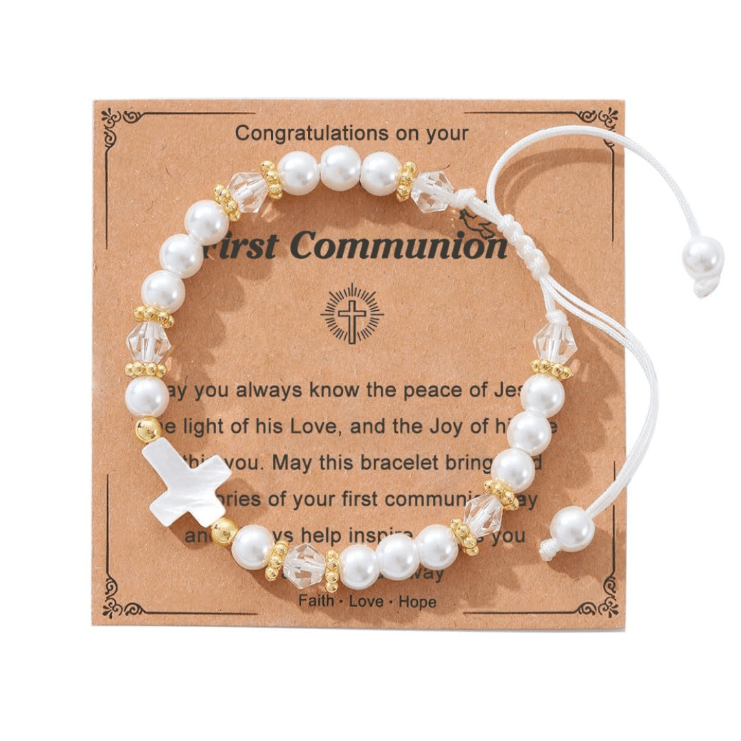 FE EN ORACIÓN: Pulsera de Regalo de Primera Comunión con Cruz y Tarjeta de Bendición