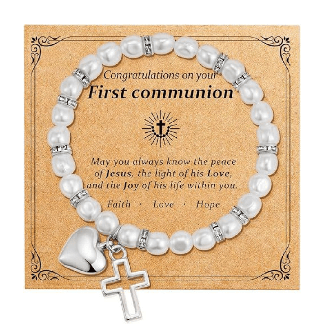 FE EN ORACIÓN: Pulsera de Regalo de Primera Comunión con Cruz y Tarjeta de Bendición