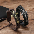 Pulsera Ajustable Clásica de Cuero Café o Negro con Crucifijo