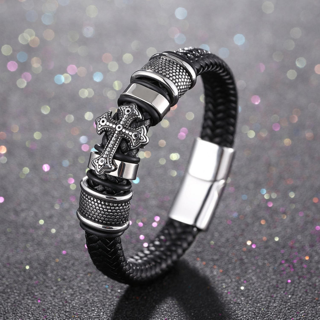 Pulsera Clásica de Cuero Trenzado con Santa Cruz en Dos Tonos