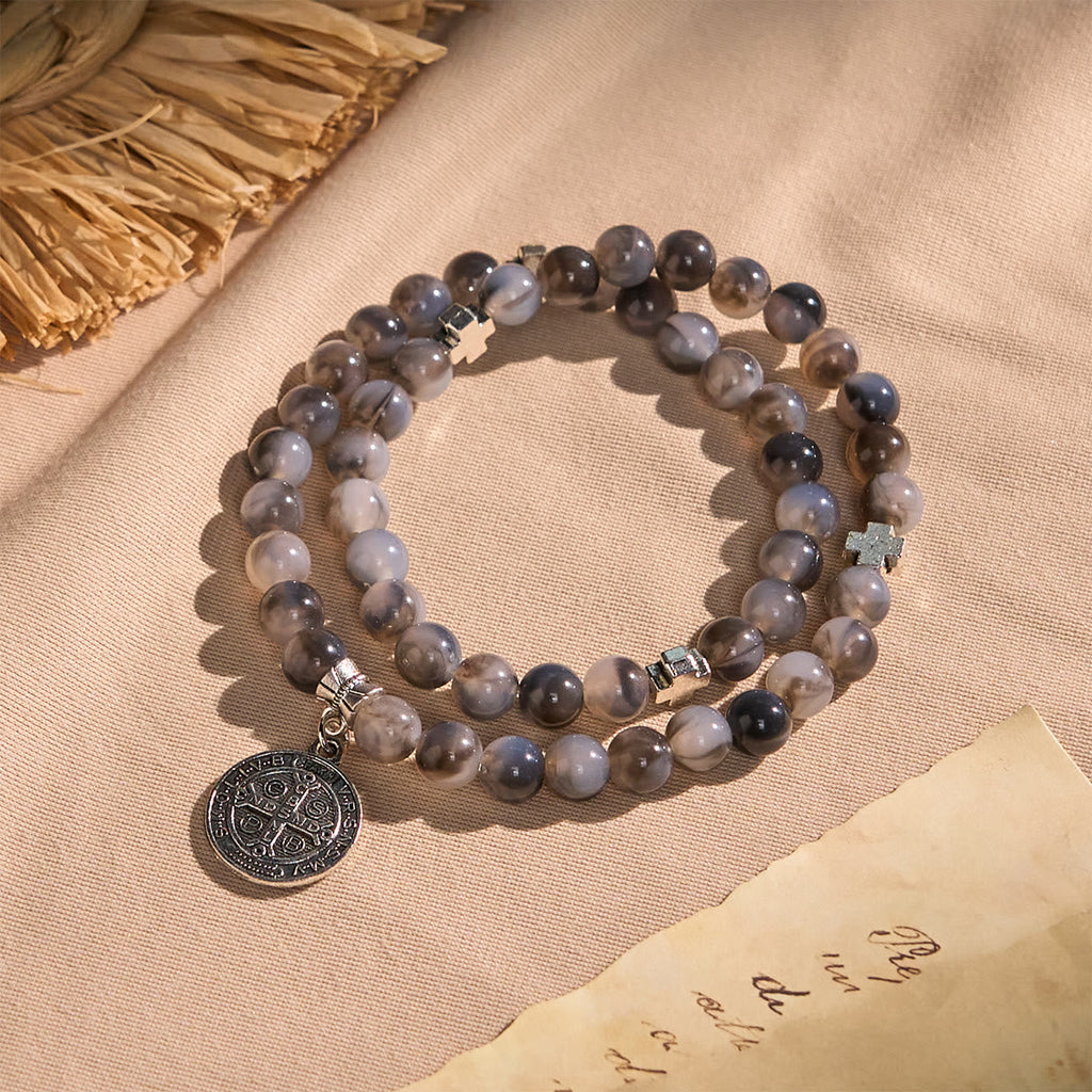 Pulsera Rosario de Cuentas Degradadas Gris y Negro con San Benito: Escudo de Fe