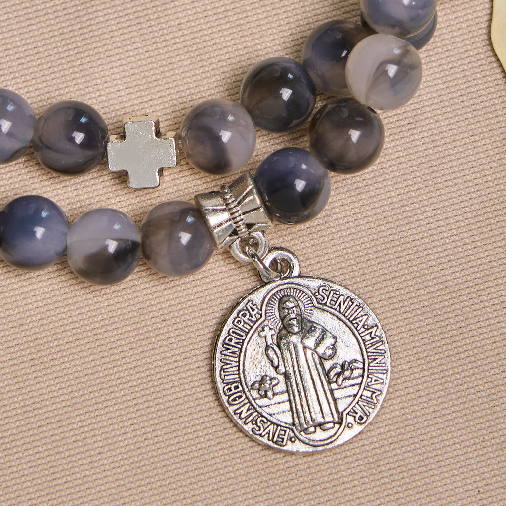 Pulsera Rosario de Cuentas Degradadas Gris y Negro con San Benito: Escudo de Fe