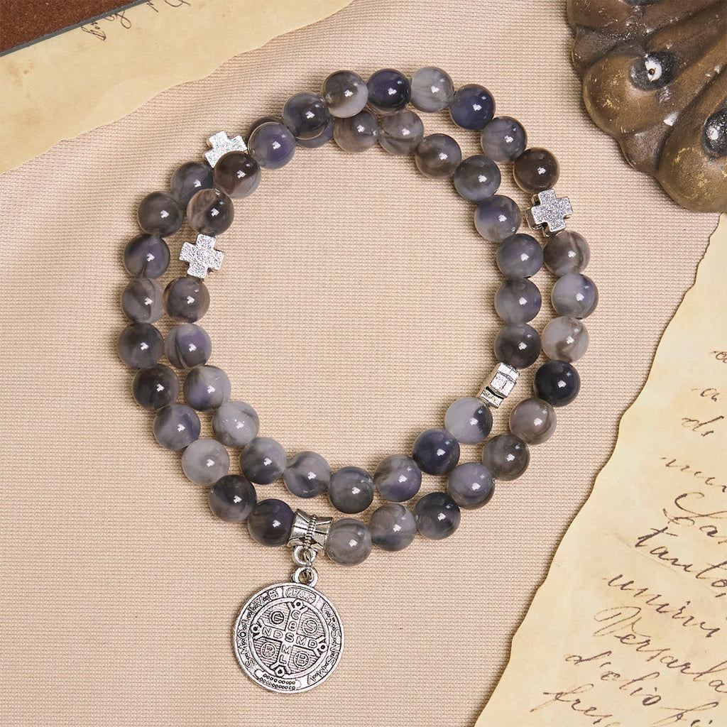 Pulsera Rosario de Cuentas Degradadas Gris y Negro con San Benito: Escudo de Fe