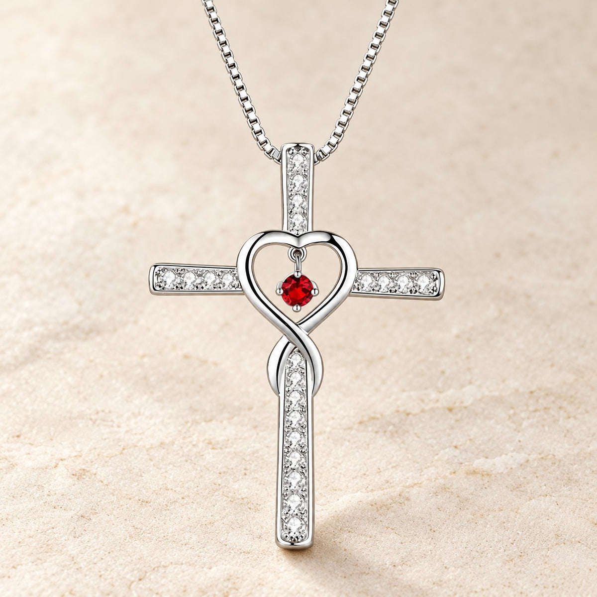 12-Month Birthstone Cross Necklace with Heart Design and Sparkling