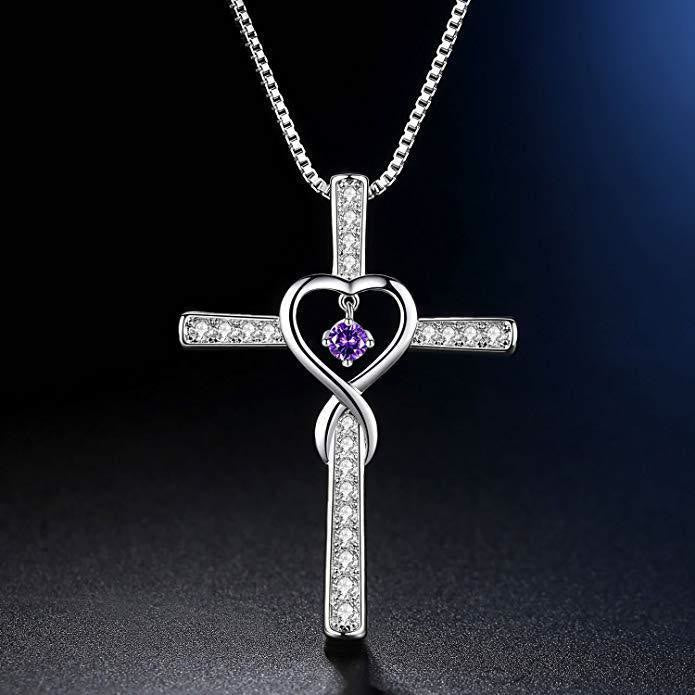 Collar de Cruz con Piedra del Mes y Diseño de Corazón con Detalles Brillantes