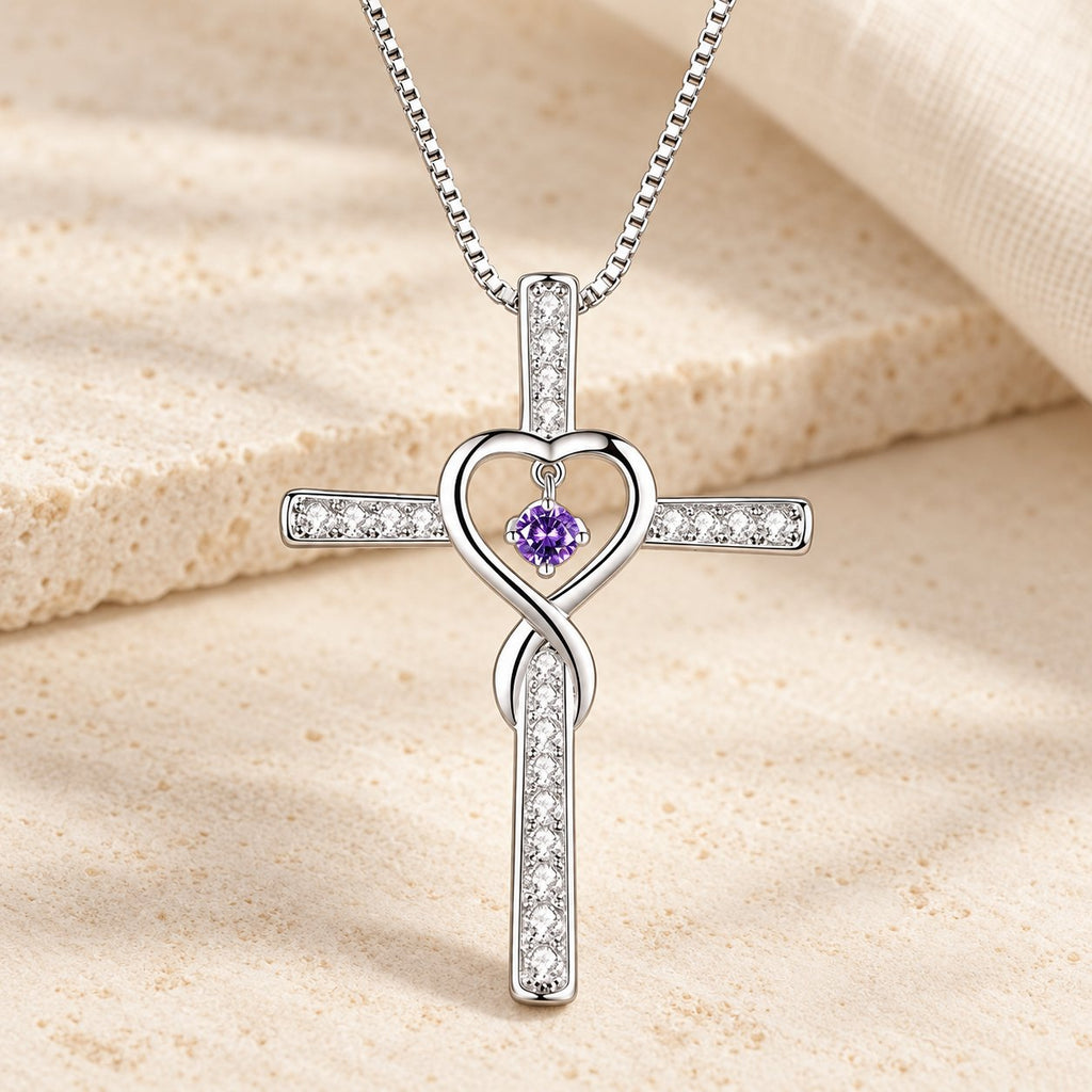 12-Month Birthstone Cross Necklace with Heart Design and Sparkling