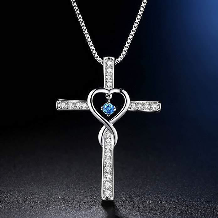 Collar de Cruz con Piedra del Mes y Diseño de Corazón con Detalles Brillantes