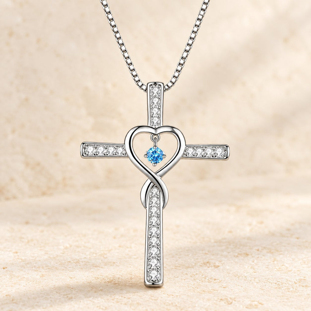 12-Month Birthstone Cross Necklace with Heart Design and Sparkling