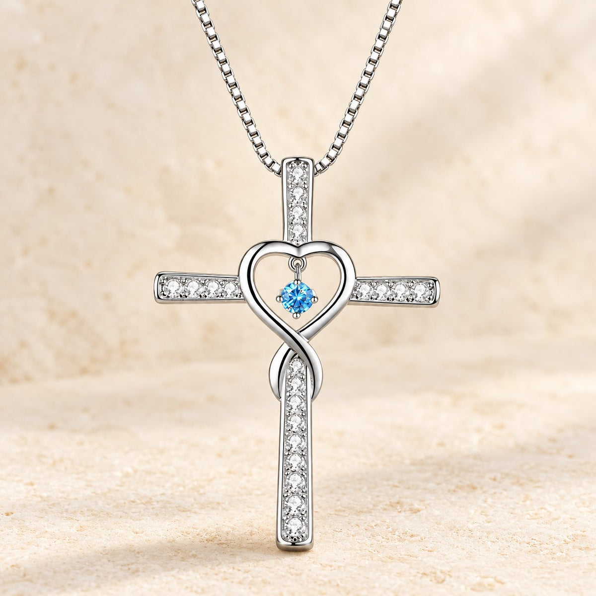 12-Month Birthstone Cross Necklace with Heart Design and Sparkling