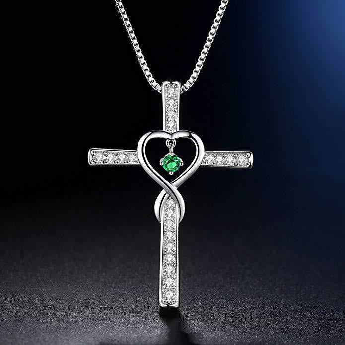 Collar de Cruz con Piedra del Mes y Diseño de Corazón con Detalles Brillantes