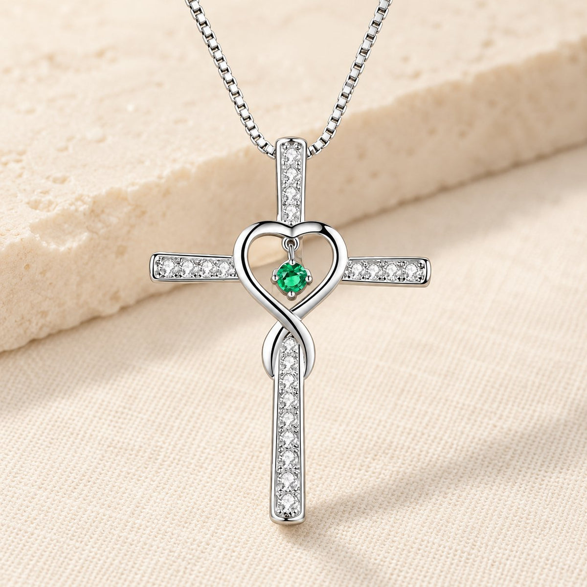 12-Month Birthstone Cross Necklace with Heart Design and Sparkling