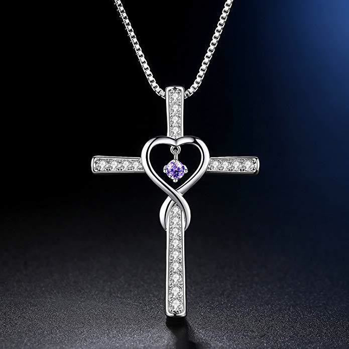 Collar de Cruz con Piedra del Mes y Diseño de Corazón con Detalles Brillantes