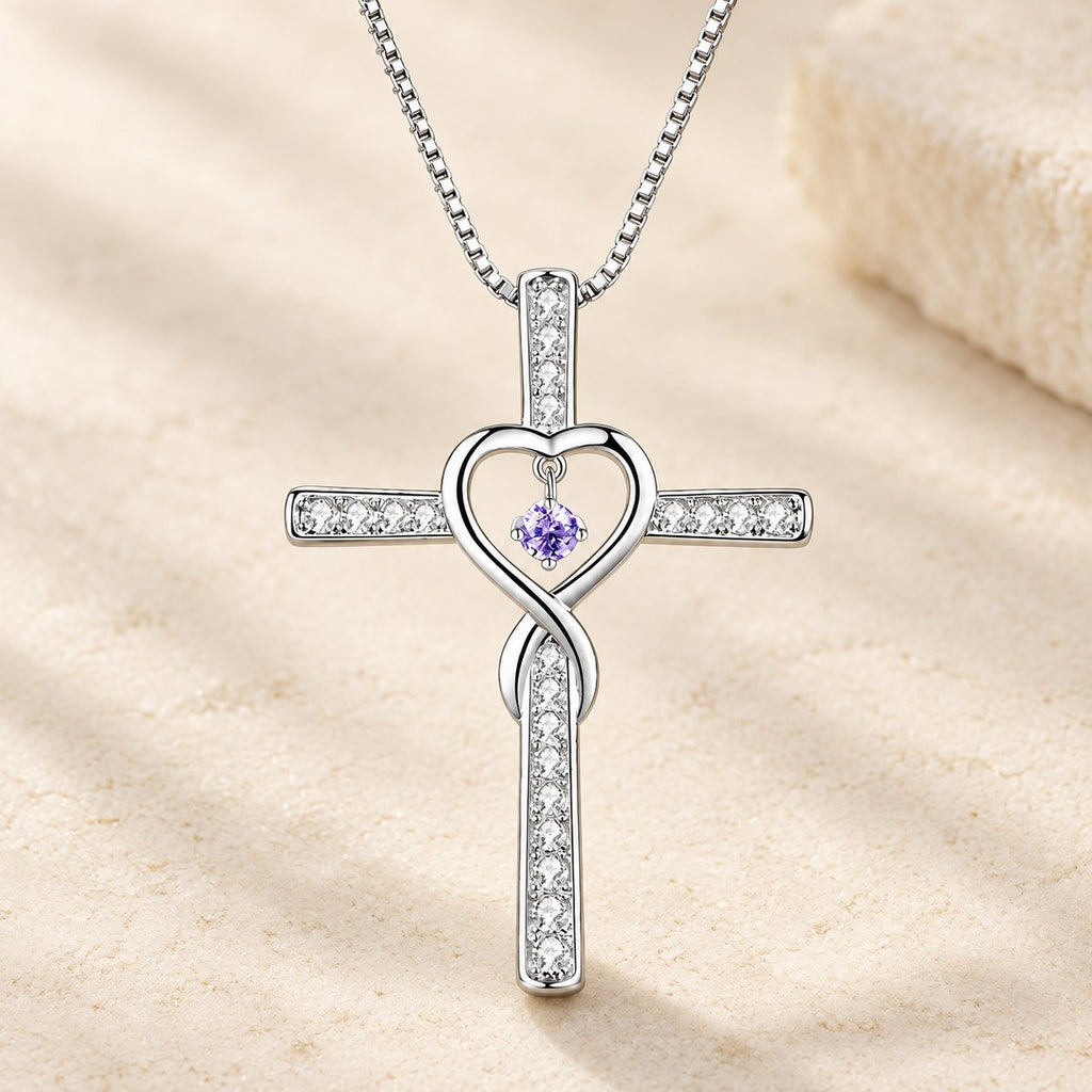 12-Month Birthstone Cross Necklace with Heart Design and Sparkling