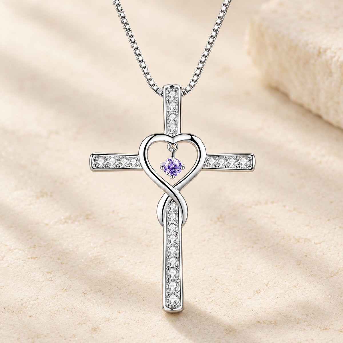 12-Month Birthstone Cross Necklace with Heart Design and Sparkling
