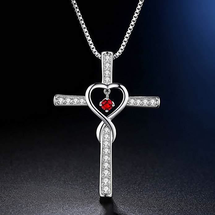 Collar de Cruz con Piedra del Mes y Diseño de Corazón con Detalles Brillantes
