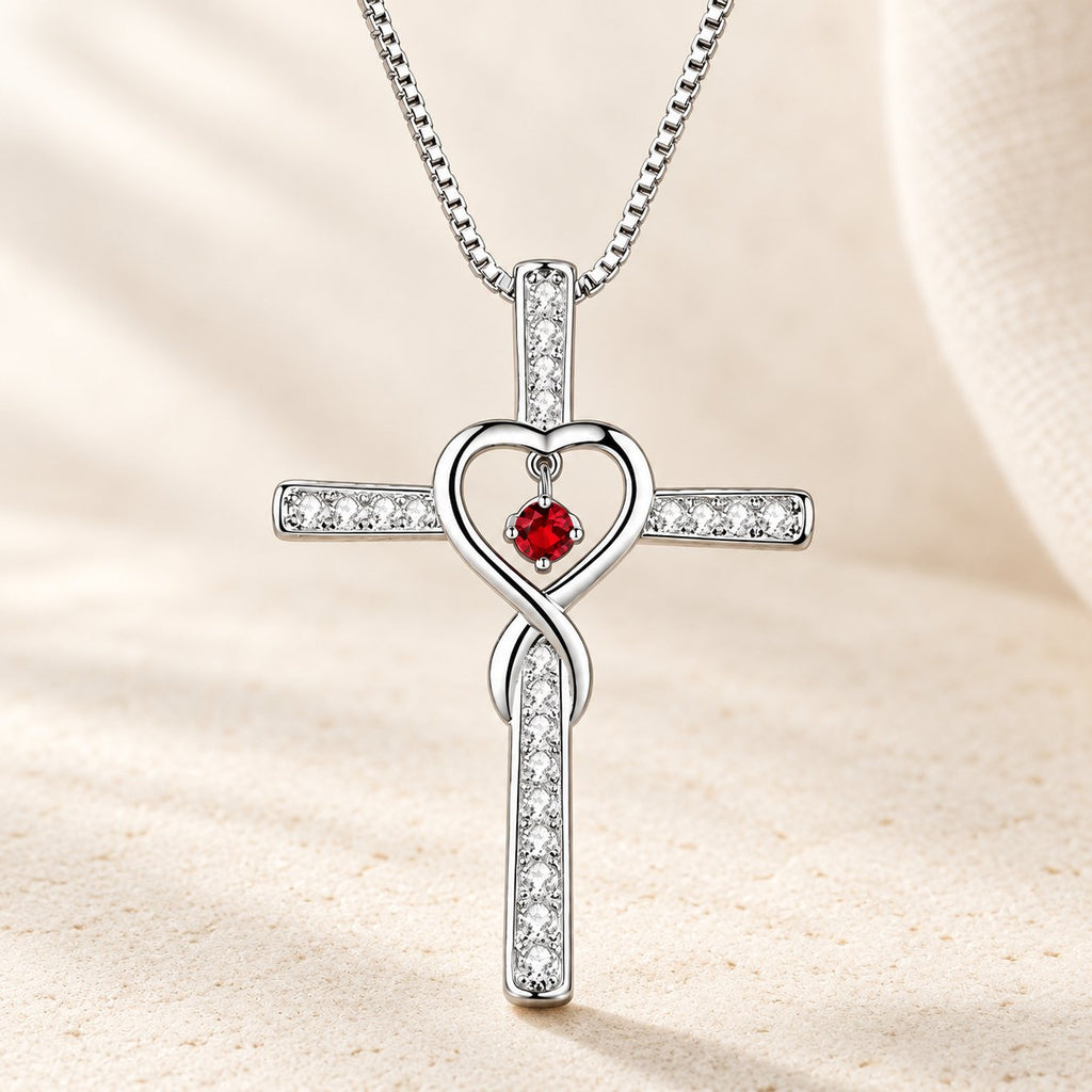 12-Month Birthstone Cross Necklace with Heart Design and Sparkling