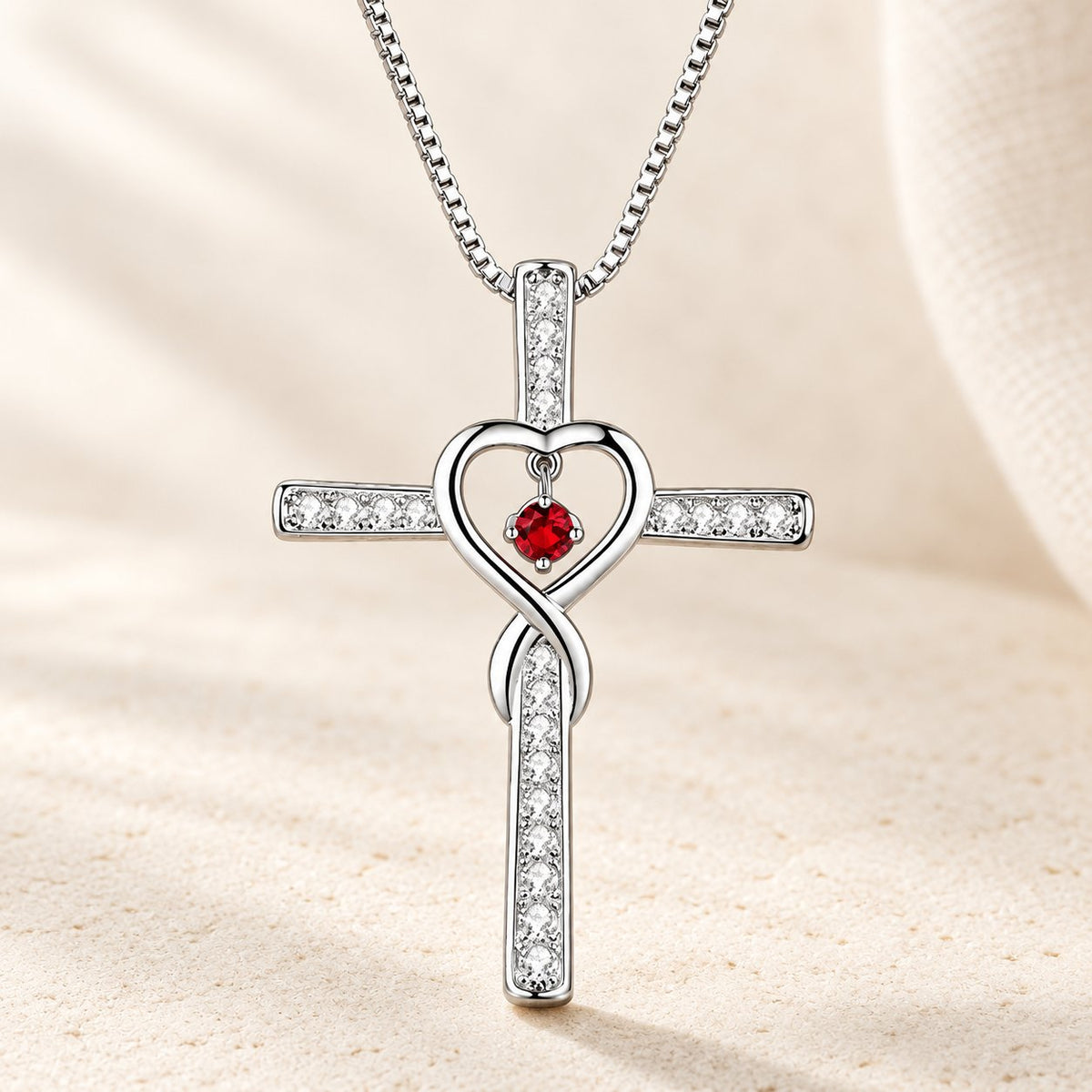 12-Month Birthstone Cross Necklace with Heart Design and Sparkling
