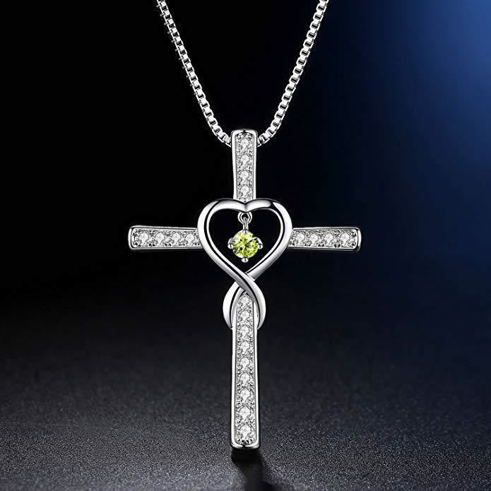 Collar de Cruz con Piedra del Mes y Diseño de Corazón con Detalles Brillantes