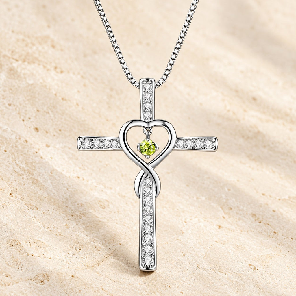 12-Month Birthstone Cross Necklace with Heart Design and Sparkling