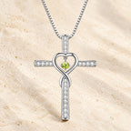 12-Month Birthstone Cross Necklace with Heart Design and Sparkling