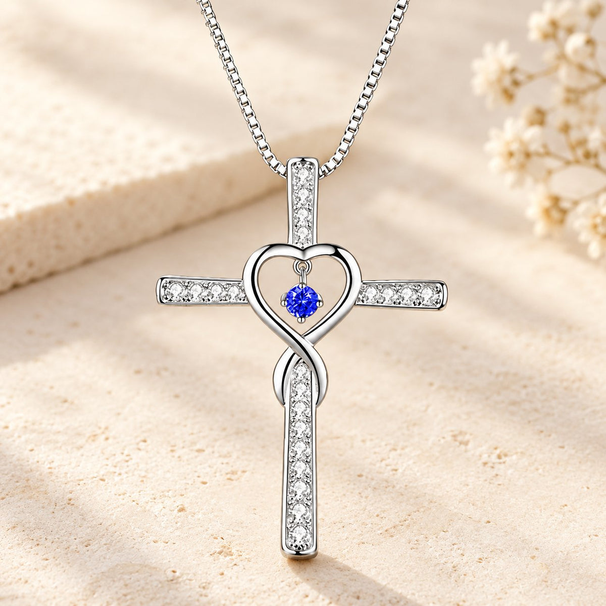 12-Month Birthstone Cross Necklace with Heart Design and Sparkling