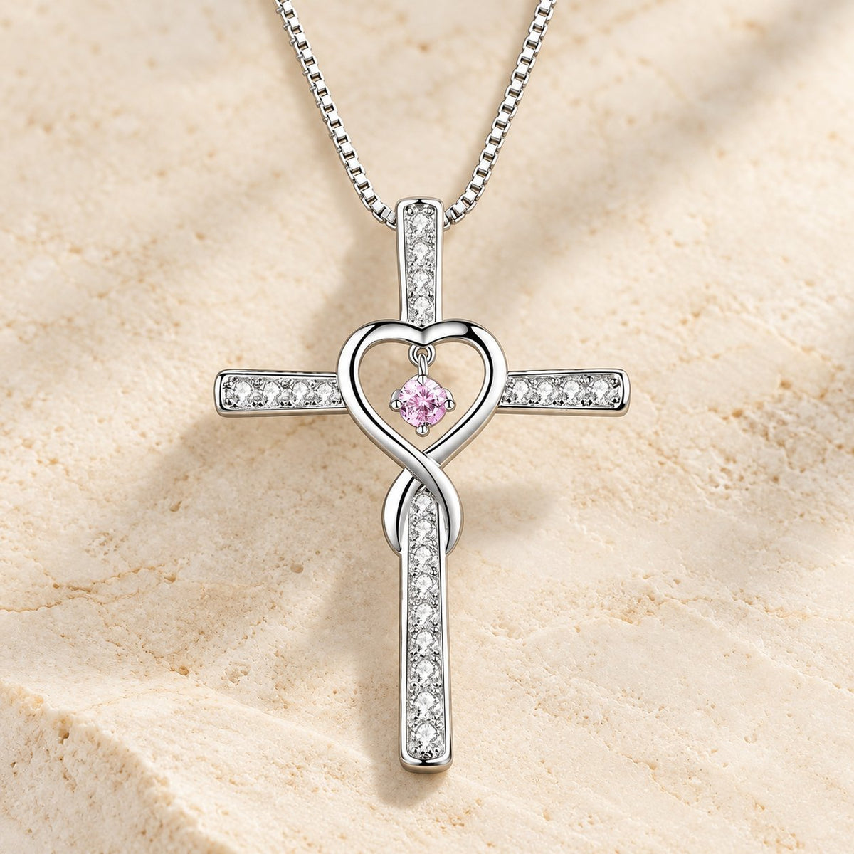 12-Month Birthstone Cross Necklace with Heart Design and Sparkling
