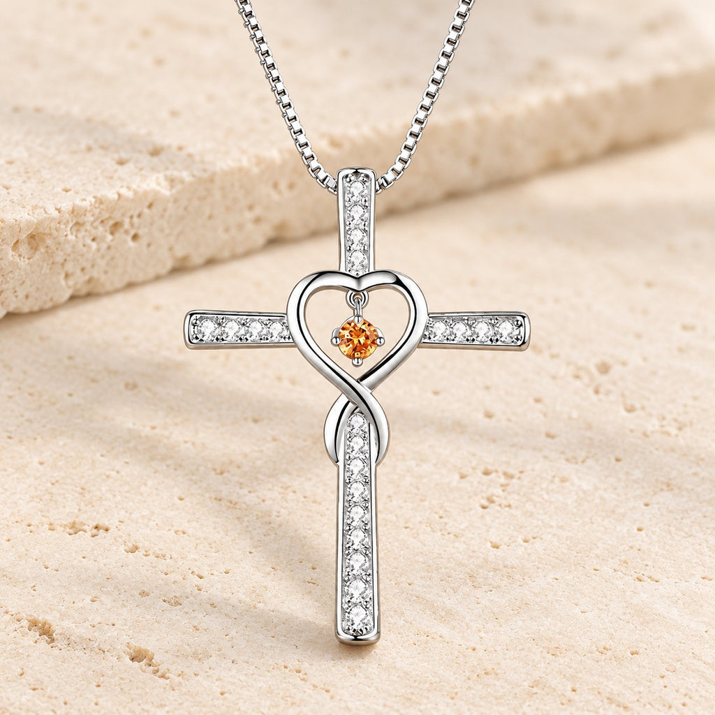 12-Month Birthstone Cross Necklace with Heart Design and Sparkling