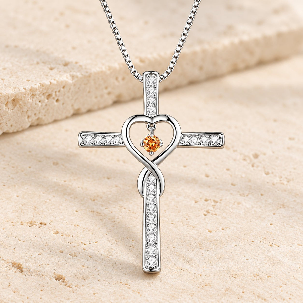 12-Month Birthstone Cross Necklace with Heart Design and Sparkling